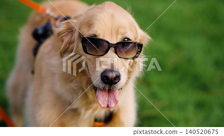 Golden retriever dog wearing sunglasses on green grass Golden retriever dog wearing sunglasses on green grass 140520675