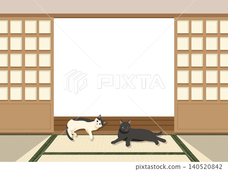 A cute cat is relaxing on the tatami mat in a Japanese-style room. (Image of open shoji screen door, copy space, Japanese-style decorative frame material) 140520842