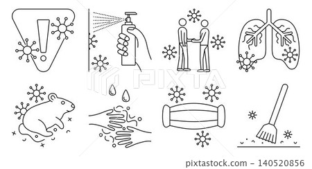 Hantavirus black line icon set, vector signs. Outline monochrome isolated symbols. Various linear warning pictograms 140520856