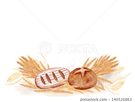Watercolor bakery composition with bread and wheat ears, rustic hand painted food illustration with soft flour texture, ideal for packaging, bakery branding, menu design and organic products Watercolor bakery composition with bread and wheat ears, rustic hand painted food illustration with soft flour texture, ideal for packaging, bakery branding, menu design and organic products 140520863