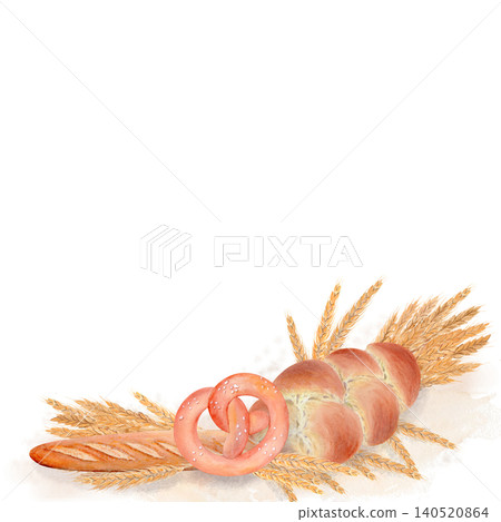 Watercolor bakery composition with braided bread, pretzel, baguette and wheat ears, rustic hand painted food illustration with soft flour texture, perfect for packaging, bakery branding and menu Watercolor bakery composition with braided bread, pretzel, baguette and wheat ears, rustic hand painted food illustration with soft flour texture, perfect for packaging, bakery branding and menu 140520864