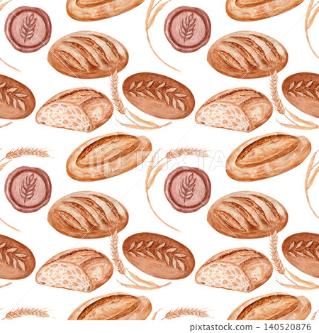 Watercolor seamless pattern with artisan bread, sourdough loaf, wheat ears, wax seals and crumbs. Rustic bakery background in warm tones, ideal for packaging, branding, wrapping paper and textile 140520876
