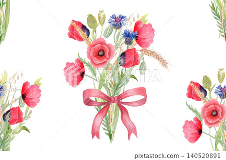 Poppy bouquets, red bows seamless watercolor floral pattern on white background. Hand painted romantic composition, perfect for feminine packaging, textile design, gift wrapping, wedding stationery Poppy bouquets, red bows seamless watercolor floral pattern on white background. Hand painted romantic composition, perfect for feminine packaging, textile design, gift wrapping, wedding stationery 140520891