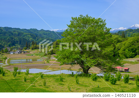 [Ogawa Alps Line] Scenes of rural life and the snow-capped Northern Alps [Photo taken from Joju Observatory] 140521110
