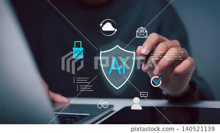 person holding stylus pen near virtual AI shield icon, cloud computing, and padlock graphic on laptop. Concept of artificial intelligence in cyber security and data protection. person holding stylus pen near virtual AI shield icon, cloud computing, and padlock graphic on laptop. Concept of artificial intelligence in cyber security and data protection. 140521139