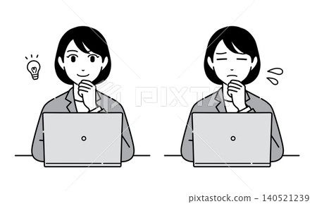 Illustration of a woman in a suit looking at a computer screen and thinking - Set 4 Illustration of a woman in a suit looking at a computer screen and thinking - Set 4 140521239