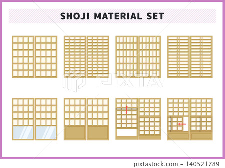 一系列插圖和圖標,描繪了各種類型的日本建築裝置,包括觀雪障子門、貓門障子門和風聚障門。 一系列插圖和圖標,描繪了各種類型的日本建築裝置,包括觀雪障子門、貓門障子門和風聚障門。 140521789