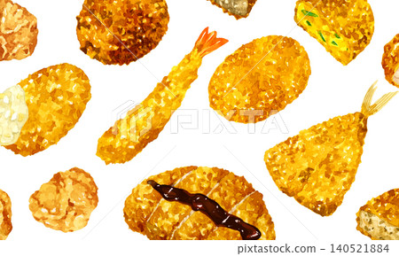 Delicious-looking fried food background - Hand-drawn watercolor illustration of food and cooking Delicious-looking fried food background - Hand-drawn watercolor illustration of food and cooking 140521884