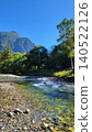 A clear stream flowing under a blue sky and a mountain landscape 140522126
