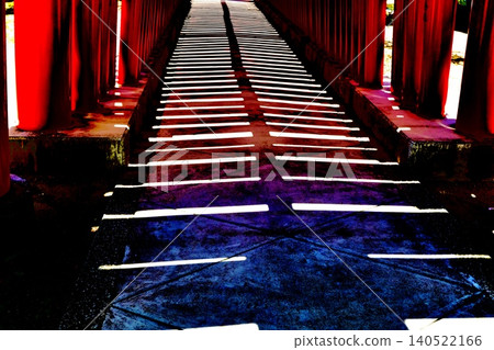 A fantastical scene of a path lined with red pillars and stripes of light. 140522166
