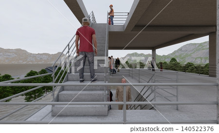 3DCG images of a tsunami/flood evacuation drill to higher ground and an evacuation tower; flooded, people present. 140522376
