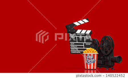 Creative Cinema Night With Popcorn And Vintage Film Equipment 3d render. Creative Cinema Night With Popcorn And Vintage Film Equipment 3d render. 140522452