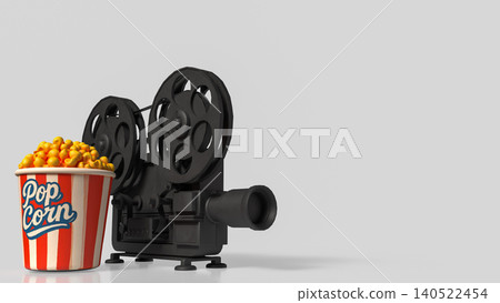 Classic Movie Night With Popcorn And Vintage Film Camera 3d render. Classic Movie Night With Popcorn And Vintage Film Camera 3d render. 140522454