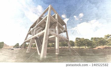 3DCG images of a tsunami/flood evacuation drill to higher ground and an evacuation tower; flooded, no people. 3DCG images of a tsunami/flood evacuation drill to higher ground and an evacuation tower; flooded, no people. 140522582