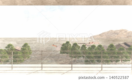 3DCG images of a tsunami/flood evacuation drill to higher ground and an evacuation tower; flooded, no people. 3DCG images of a tsunami/flood evacuation drill to higher ground and an evacuation tower; flooded, no people. 140522587