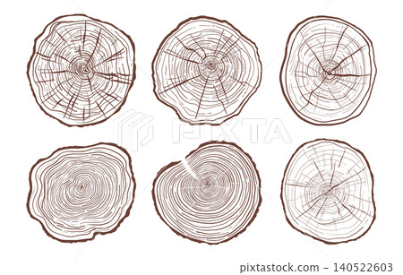 Hand drawn tree ring pattern abstract line art set wood cross section textures annual rings slices 140522603