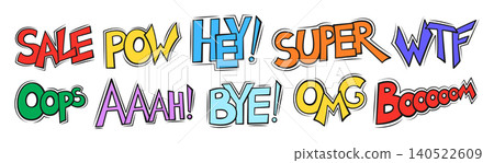 Text comic book speech pop bubbles funny slang phrases wording sound effects creative retro design Text comic book speech pop bubbles funny slang phrases wording sound effects creative retro design 140522609