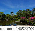 The majestic appearance of Osaka Castle, one of Japan's most famous castles, viewed from a Japanese garden. 140522709