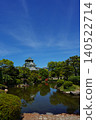 The majestic appearance of Osaka Castle, one of Japan's most famous castles, viewed from a Japanese garden. 140522714
