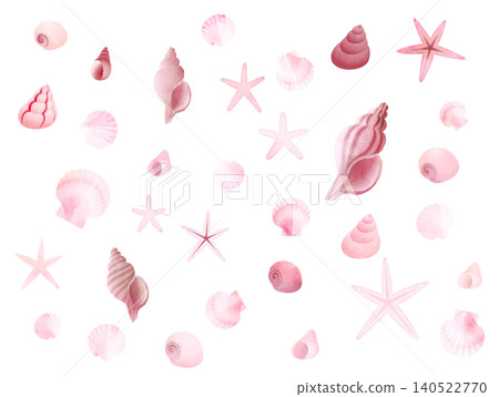 水彩風格的向量插圖，背景上散落著貝殼 - 粉紅色 140522770