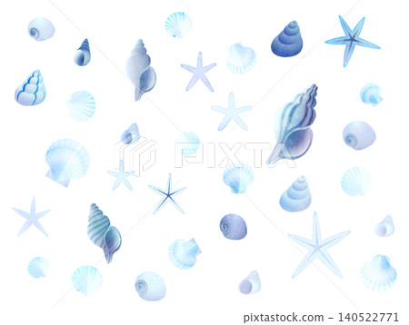 Watercolor-style vector illustration of a background with scattered seashells - blue 140522771