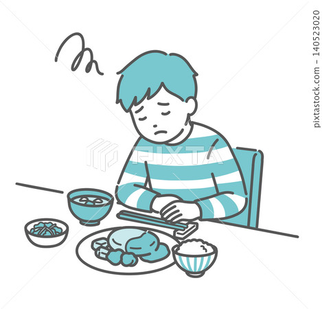 男孩沒有食慾、無法吞嚥食物的插圖。 男孩沒有食慾、無法吞嚥食物的插圖。 140523020