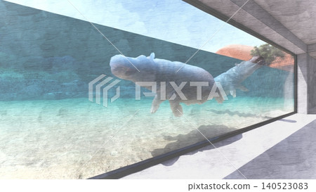A 3DCG illustration of a hippopotamus at a zoo, swimming in the water and relaxing. No human figures are included. 140523083