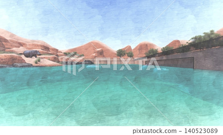 A 3DCG illustration of a hippopotamus at a zoo, swimming in the water and relaxing. No human figures are included. A 3DCG illustration of a hippopotamus at a zoo, swimming in the water and relaxing. No human figures are included. 140523089