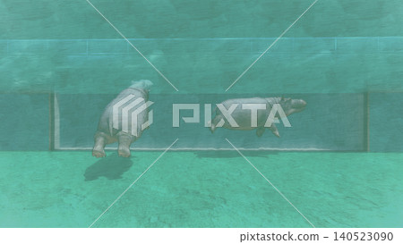 A 3DCG illustration of a hippopotamus at a zoo, swimming in the water and relaxing. No human figures are included. 140523090