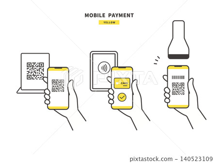 A set of three illustrations (yellow) showing how to use QR code, barcode, and contactless payment methods on a smartphone. A set of three illustrations (yellow) showing how to use QR code, barcode, and contactless payment methods on a smartphone. 140523109
