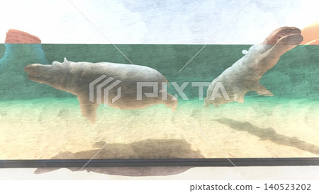A 3DCG illustration of a hippopotamus at a zoo, swimming in the water and relaxing. No human figures are included. A 3DCG illustration of a hippopotamus at a zoo, swimming in the water and relaxing. No human figures are included. 140523202