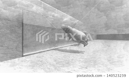 A 3DCG illustration of a hippopotamus at a zoo, swimming in the water and relaxing. No human figures are included. 140523239