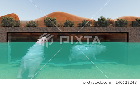 A 3DCG illustration of a hippopotamus at a zoo, swimming in the water and relaxing. No human figures are included. 140523248