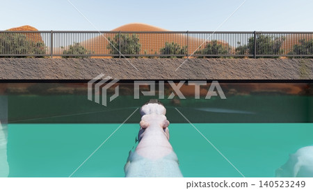 A 3DCG illustration of a hippopotamus at a zoo, swimming in the water and relaxing. No human figures are included. A 3DCG illustration of a hippopotamus at a zoo, swimming in the water and relaxing. No human figures are included. 140523249