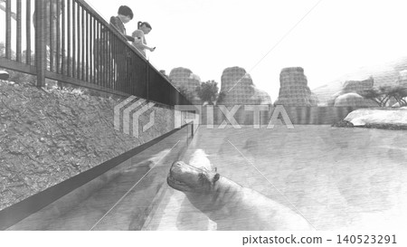 A 3DCG illustration of a hippopotamus at a zoo, swimming and relaxing in the water, with a person present. A 3DCG illustration of a hippopotamus at a zoo, swimming and relaxing in the water, with a person present. 140523291