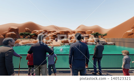 A 3DCG illustration of a hippopotamus at a zoo, swimming and relaxing in the water, with a person present. A 3DCG illustration of a hippopotamus at a zoo, swimming and relaxing in the water, with a person present. 140523321