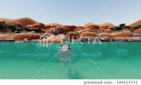 A 3DCG illustration of a hippopotamus at a zoo, swimming and relaxing in the water, with a person present. A 3DCG illustration of a hippopotamus at a zoo, swimming and relaxing in the water, with a person present. 140523331