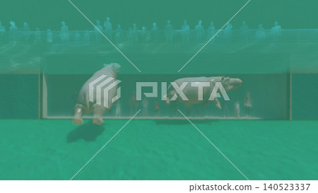 A 3DCG illustration of a hippopotamus at a zoo, swimming and relaxing in the water, with a person present. A 3DCG illustration of a hippopotamus at a zoo, swimming and relaxing in the water, with a person present. 140523337