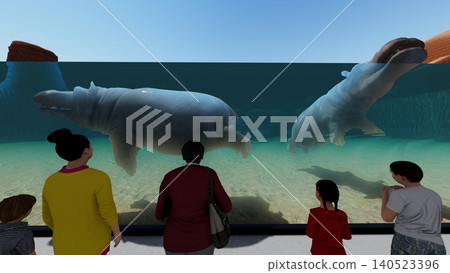 A 3DCG illustration of a hippopotamus at a zoo, swimming and relaxing in the water, with a person present. A 3DCG illustration of a hippopotamus at a zoo, swimming and relaxing in the water, with a person present. 140523396