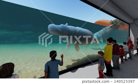 A 3DCG illustration of a hippopotamus at a zoo, swimming and relaxing in the water, with a person present. 140523397