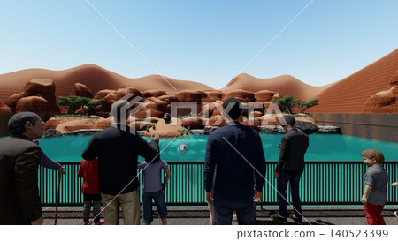A 3DCG illustration of a hippopotamus at a zoo, swimming and relaxing in the water, with a person present. A 3DCG illustration of a hippopotamus at a zoo, swimming and relaxing in the water, with a person present. 140523399