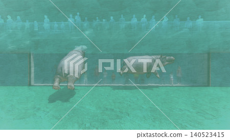 一幅3DCG插圖,描繪了動物園裡的一隻河馬在水中游泳放鬆,旁邊還有一個人。 一幅3DCG插圖,描繪了動物園裡的一隻河馬在水中游泳放鬆,旁邊還有一個人。 140523415