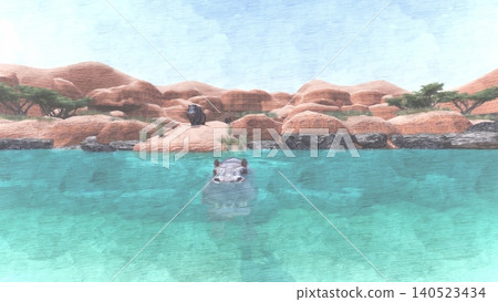 A 3DCG illustration of a hippopotamus at a zoo, swimming and relaxing in the water, with a person present. A 3DCG illustration of a hippopotamus at a zoo, swimming and relaxing in the water, with a person present. 140523434