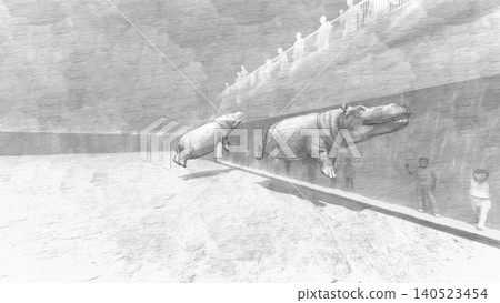A 3DCG illustration of a hippopotamus at a zoo, swimming and relaxing in the water, with a person present. A 3DCG illustration of a hippopotamus at a zoo, swimming and relaxing in the water, with a person present. 140523454