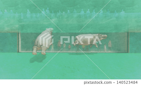 A 3DCG illustration of a hippopotamus at a zoo, swimming and relaxing in the water, with a person present. A 3DCG illustration of a hippopotamus at a zoo, swimming and relaxing in the water, with a person present. 140523484