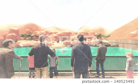 一幅3DCG插圖，描繪了動物園裡的一隻河馬在水中游泳放鬆，旁邊還有一個人。 140523491