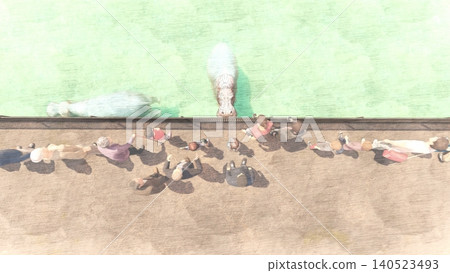 A 3DCG illustration of a hippopotamus at a zoo, swimming and relaxing in the water, with a person present. A 3DCG illustration of a hippopotamus at a zoo, swimming and relaxing in the water, with a person present. 140523493