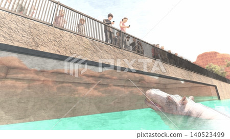 A 3DCG illustration of a hippopotamus at a zoo, swimming and relaxing in the water, with a person present. 140523499