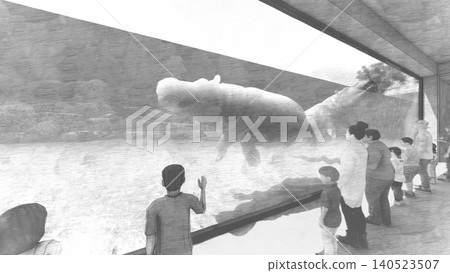 A 3DCG illustration of a hippopotamus at a zoo, swimming and relaxing in the water, with a person present. 140523507