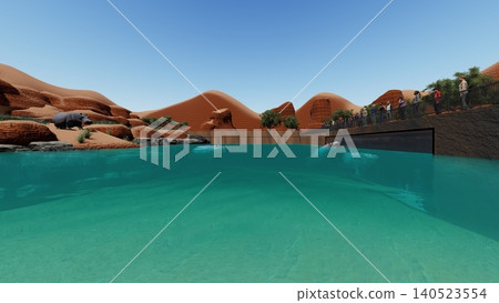 A 3DCG illustration of a hippopotamus at a zoo, swimming and relaxing in the water, with a person present. A 3DCG illustration of a hippopotamus at a zoo, swimming and relaxing in the water, with a person present. 140523554